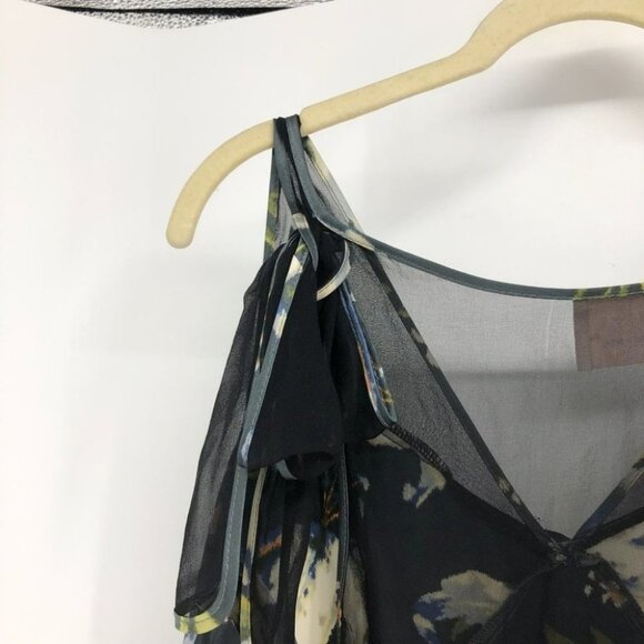 Cinq a sept (5 a 7) floral lily print black satin mesh  panel tie shoulders - Picture 6 of 13